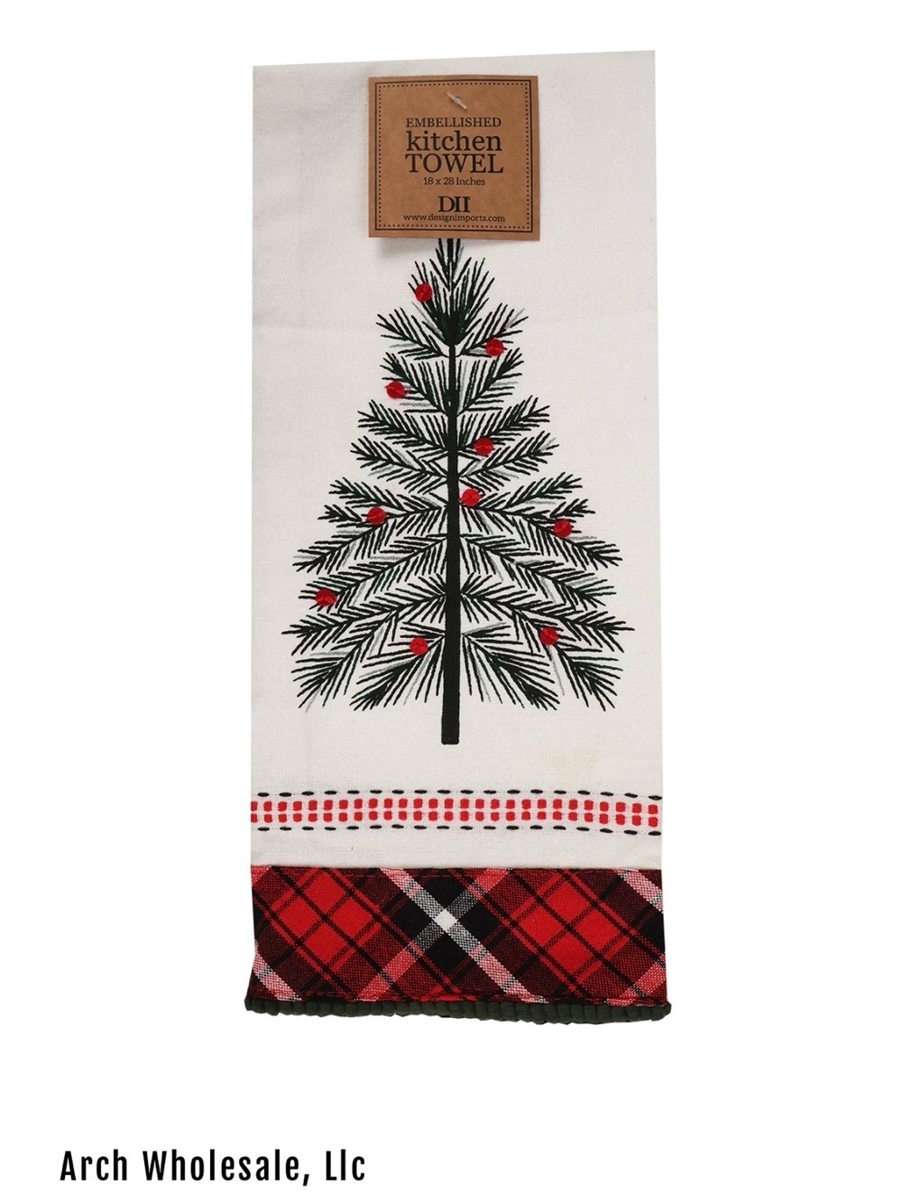 🎄 Holiday Pine Tree Embellished Kitchen Towel - White/Red ❤️🌟